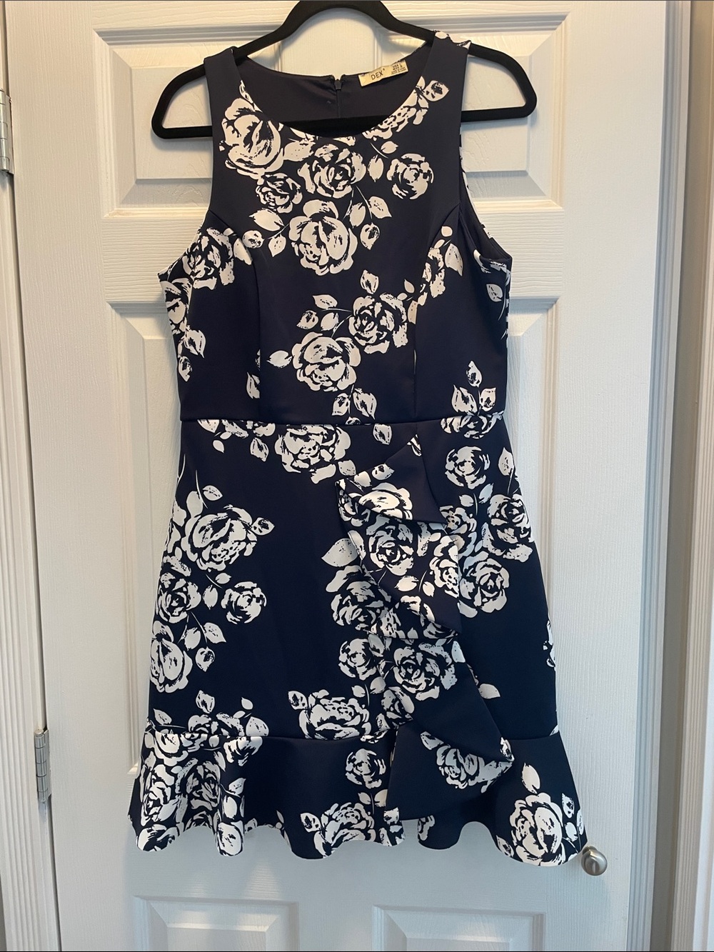 Dex Navy and White Floral Sleeveless Fit-and-Flare Dress